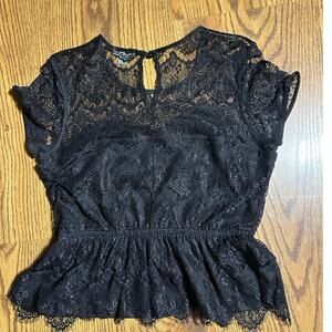 CATO Black Lace Large Fitted Waist Peplum Dressy Sweetheart Neckline Blouse